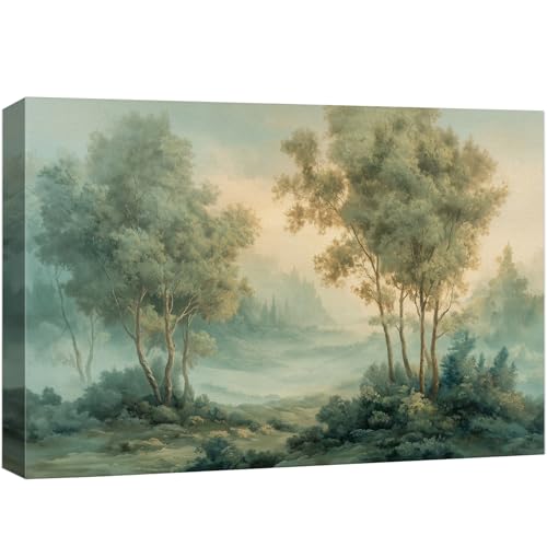 wall26 Canvas Print Wall Art Misty Teal Forest Landscape Soft Green Trees and Foggy Woods Digital Art Realism Rustic Scenic Nature Photography Colorful for Living Room, Bedroom, Office - 12"x18" - color: A25-2605-M17, size: 18"L x 12"W