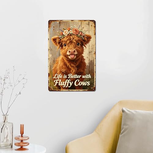 Flower Crown Fluffy Highland Cow & Life Is Better With Fluffy Cows Quote, Rustproof Aluminum Vintage Wall Sign,Rustic Farmhouse Entryway Home Decor, Multipurpose Indoor Outdoor Hanging Plaque 8×12 Inch - color: M2030-Cow1-9