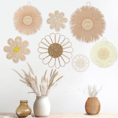 Chunful 7 Pcs Boho Wall Basket Decor Rattan Flower, Light Beige Yellow - color: Light Beige Yellow