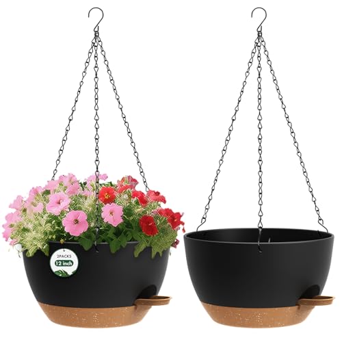 2 Pack 12 Hanging Flower Pots with Chains Self Watering Plastic Planters for Indoor Outdoor Plants, Sturdy Triangular Iron Chain Design for Garden PorchPlastic hanging flower pots(2, Black Brown) - color: Black Brown