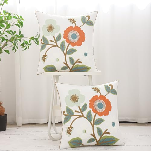 Embroidered Pillow Covers 18x18 inch Pack of 2 Green Orange Flower - color: Orange and Green Flowers