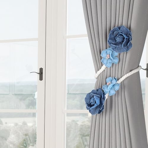 Meplait 2 Pack Boho Curtain Tiebacks, No Drill Curtain Holdbacks for Drapes - color: C Flower-blue