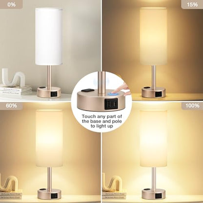 Antique White Bedside Table Lamp, Dimmable Touch Lamp, USB A+C, AC Outlet - color: White - Antique White, size: 14"