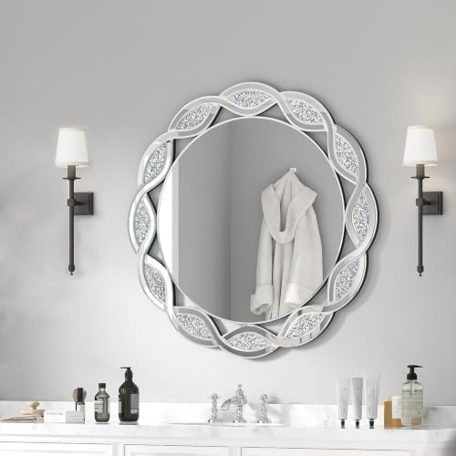 24x24 Inch Round Crystal Decorative Wall Mirror Silver Crushed Diamond Mirror Glam Wall Mounted Mirror for Bathroom Bedroom Living Room Dining Room Home Decor - color: Silver10, size: 24"L x 24"W