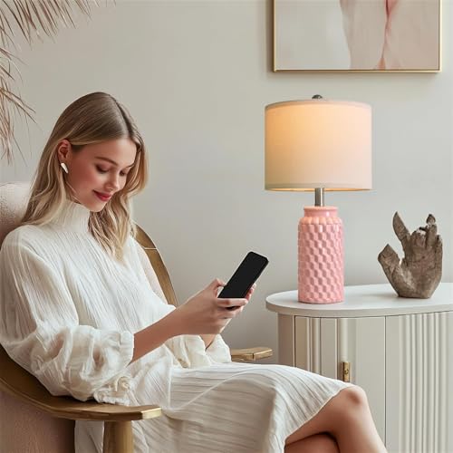 USumkky 20.5" Pink Table Lamps Set of 2,Modern Farmhouse Bedside Lamps - Ceramic Nightstand Lamps for Bedroom,Boho Living Room End Tables,Small Office Desk Lamp - color: Pink