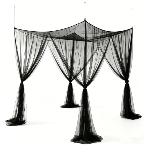 Black Mosquito Net Bed Canopy Curtains with 66ft LED Star String Lights - color: Black+lights