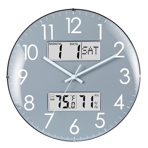 Nbdeal 13-Inch Analog Silent Wall Clock with Calendar Temperature & Humidity (Grey) - color: Gray