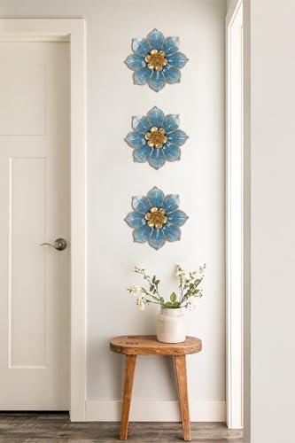 Villa Como Set of 3 Blue and Gold Metal Flowers Wall Art Decor 10" - color: # 3 Blue and Gold