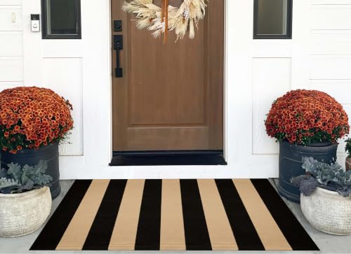 Striped Layering Rug 27.5"x43",Black and Tan Farmhouse Front Porch Mat - color: Black Tan, size: 2'4" x 3'7" (Rectangular)