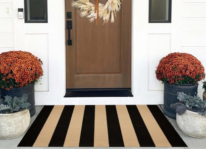 Striped Layering Rug 27.5"x43",Black and Tan Farmhouse Front Porch Mat - color: Black Tan, size: 2'4" x 3'7" (Rectangular)