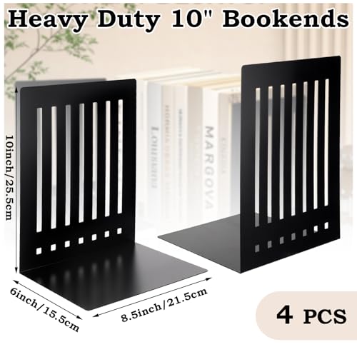 4 Pcs 10 Inch Heavy Duty Bookends Non-Skid Base, Black - color: Black, size: 10 Inch