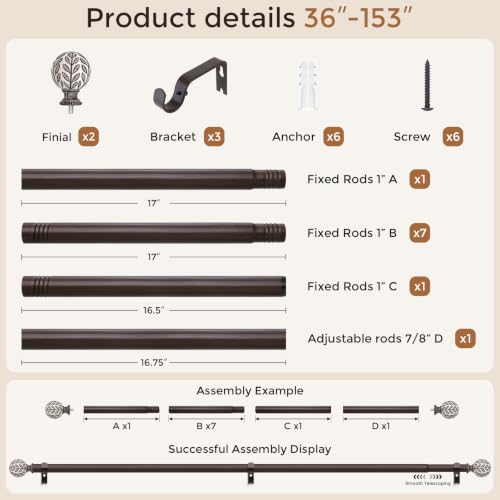 Curtain Rod 36-153 Inch, Boho Wood 1 Inch Curtain Rods for Windows - color: Walnut Wood, size: 36''-153'' (1 Pack)