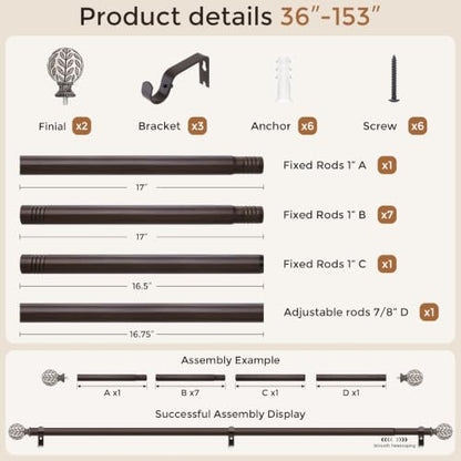 Curtain Rod 36-153 Inch, Boho Wood 1 Inch Curtain Rods for Windows - color: Walnut Wood, size: 36''-153'' (1 Pack)