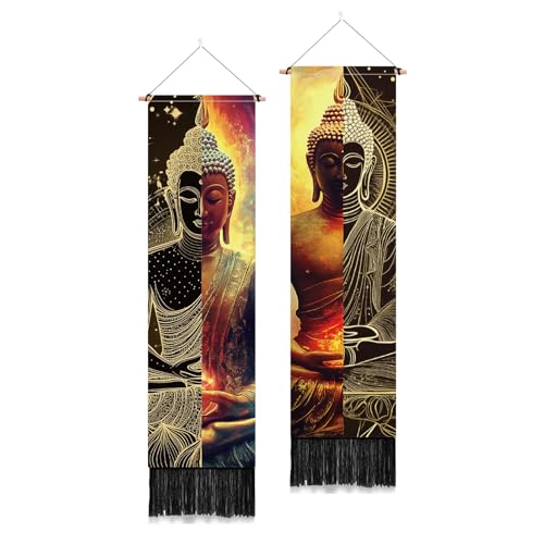 PLIGREAT 2 Pack Buddha Tapestry with Tassels, Vertical Zen Decor Long Narrow Wall Tapestry Meditation Wall Hanging for Yoga Room Bedroom Living Room Dorm Room Home Art Decor, 46" x 13" - color: black,orange