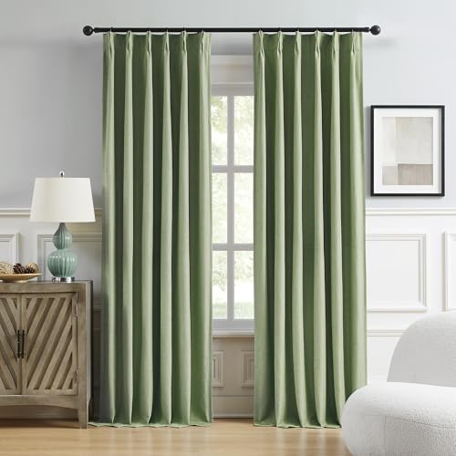 DUALIFE Sage Green Pinch Pleated Blackout Curtains 40 x 63 Inches Long, Back Tab Drapes for Living Room Bedroom Thermal Insulated Full Blackout Draperies with Hooks - color: Sage, size: 40"W x 63"L (Pack of 2)