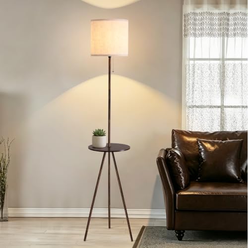Floor Lamp with Side Table, Linen Shade, Standing Lamp for Living Room - color: Rustic Brown