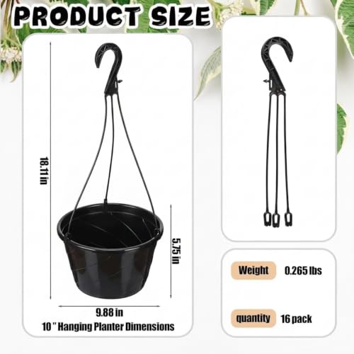 16 Pcs 10 Inch Hanging Planter with Drainage Insert, Black - color: Black
