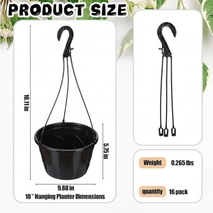 16 Pcs 10 Inch Hanging Planter with Drainage Insert, Black - color: Black