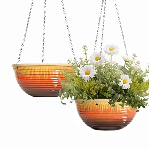 10 Inch Glazed Hanging Planters 2 Pack, Hanging Baskets with Drainage Hole - color: Orange Glaze, size: 10 inch