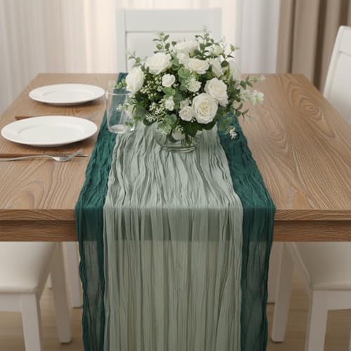 Cheesecloth Table Runner 2 Pack Sage Green and Dark Green, Boho Gauze Table Runner 10Ft 120 Inches Long for Wedding Decor, Party & Home Table Decoration - color: Sage Green and Dark Green