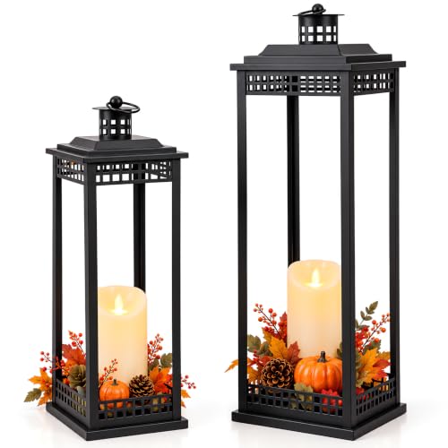 Large Lanterns Decorative Indoor, 2 Pcs Black Floor Lanterns with Candles - size: 23in and 17in