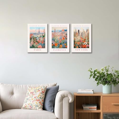 XLARTMY Flower Market Wall Art Prints Canvas Orange and Pink Floral Paintings Colorful Botanical Travel Flower Posters for Home Decor Pictures Set of 3 for Living Room Bedroom 16x24in - color: Flower Market ORange-1, size: 16x24in Canvas