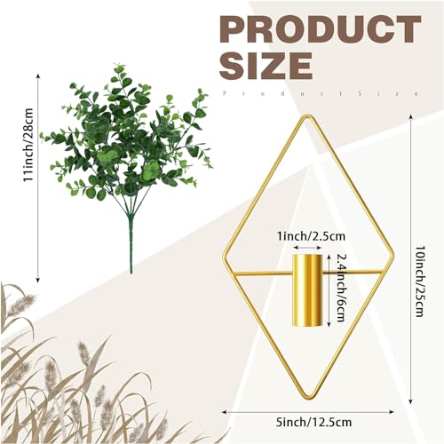 2 Pieces Diamond Shape Hanging Planters with Artificial Eucalyptus Plants Metal Vase Indoor Holder Modern Geometric Wall Decor for Home Living Room (Gold)