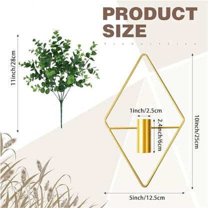 2 Pieces Diamond Shape Hanging Planters with Artificial Eucalyptus Plants Metal Vase Indoor Holder Modern Geometric Wall Decor for Home Living Room (Gold)