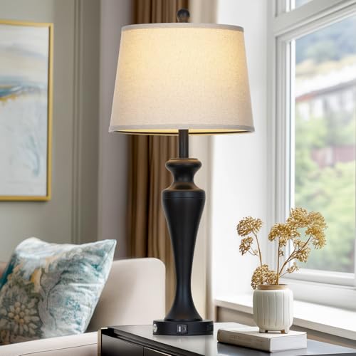 30 Inch Black Table Lamp Single, 3-Way Dimmable Touch Control Living Room Lamps with USB A+C Ports and AC Outlet, Tall Bedside Lamps for Nightstand, Modern Metal Bedroom Lamp, Bulb Included - color: Black-1PK