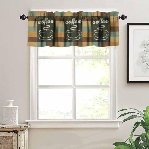 Retro Coffee Valances Curtains, Abstract Coffee Cups Teal Brown Background Rod Pocket Window Treatment Valance for Kitchen Dinning Room Living Room Bedroom Cafe, 54x18 Inch - color: Coffee-6, size: 53"W x 18"L (Pack of 1)