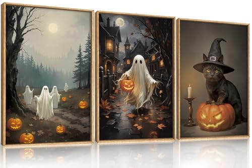 DRACIT Spooky Halloween Ghost Pumpkin Framed Canvas Wall Art Set-24"x36"x3 - color: Spooky Halloween Ghost Lighted Pumpkin Wall Art, size: 24"L x 36"W