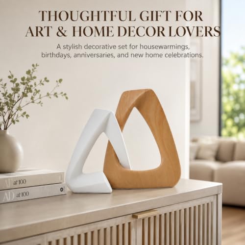 FUNTEREST Modern Abstract Sculpture Set of 2, White & Wood Grain Home Decor