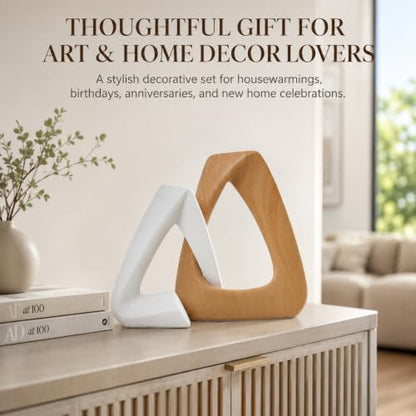 FUNTEREST Modern Abstract Sculpture Set of 2, White & Wood Grain Home Decor