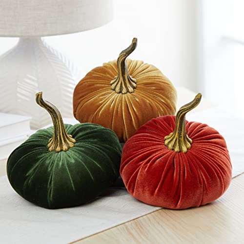Your Heart's Content Set of 3 Velvet 6.25 Inch Pumpkins (Rust, Gold, Olive) - color: Rust, Gold, Olive
