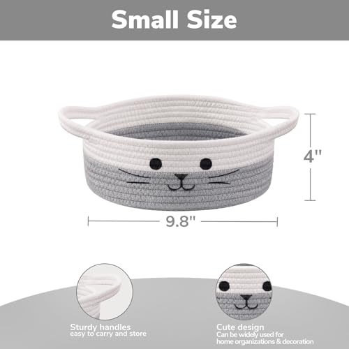 Small Woven Rope Cat Toy Basket with Cat Face Design, White Grey - color: White & Grey, size: 9.8"W x 4"H