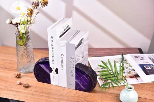 AMOYSTONE Purple Agate Bookends Book Stoppers for Living Room Shelves - color: Purple, size: 6-7 Pounds