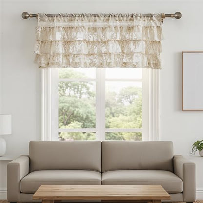 Kotile Beige Lace Ruffle Valance for Windows W52 x L18 Inch, 1 Panel - color: Beige - Ruffle Lace