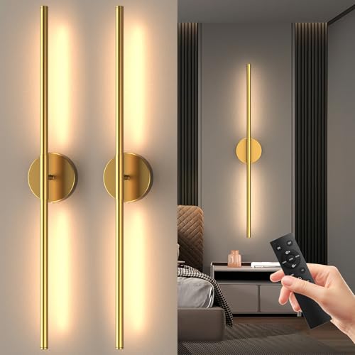 Tartek Battery Operated Wall Sconces Set of Two, Rechargeable Wall Lights with Remote Control, Dimmable 3000K-6000K LED Wall Lamp, 360°Rotate, Long Wireless Sconces for Living Room, Bedroom - color: Gold