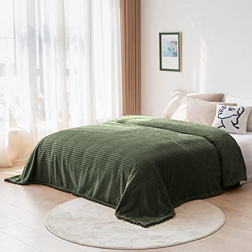 DISSA Fleece Blanket Twin Size – 60x80, Olive Green – Soft, Plush, Fluffy, Fuzzy, Warm, Cozy – Perfect Throw for Couch, Bed, Sofa - with Pompom Fringe - Flannel Blanket Throw Blanket - color: Olive Green, size: 60x80"