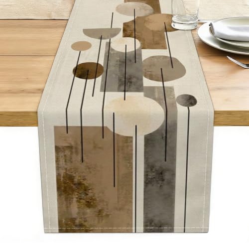 Neutral Abstract Table Runner, Modern Boho Brown Grey Line Shape Decorative - color: Boho Abstract Decor