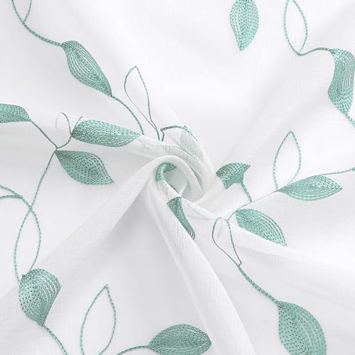 Tollpiz Teal Blue Leaf Sheer Tier Curtains Kitchen 30 x 24 Inches - color: Teal Blue, size: 30"W x 24"L (Pack of 2)