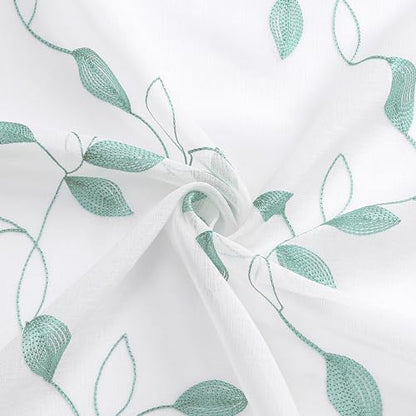 Tollpiz Teal Blue Leaf Sheer Curtain Bedroom Short 38 x 45 Inches - color: Teal Blue, size: 38"W x 45"L (Pack of 2)
