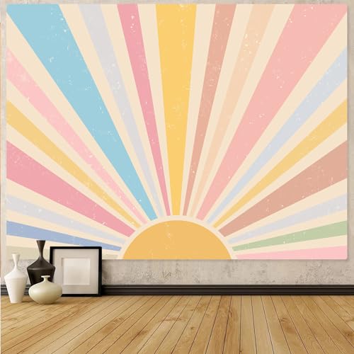 Zussun Boho Sun Tapestry Vintage 70s Sunset Sunrise Tapestries for Bedroom Aesthetic Retro Abstract Art Colorful Rainbow Classroom Tapestry Wall Hanging for Living Room Dorm (80" x 60") - color: Light Yellow, size: 80"L x 60"W