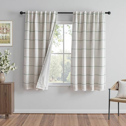 MYSKY HOME 100% Blackout Plaid Linen Curtains 63 Inches Long Double Layer Farmhouse Thermal Insulated Checkered Print Drapes with Rod Pocket Back Tab for Bedroom Living Room, 2 Panels, 52"Wide, Green - color: Green, size: 52"W x 63"L (Pack of 2)