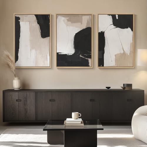 Large Framed Black and White Neutral Abstract Wall Art, 3 Piece, 24x36 In - color: Contrastive, size: 24" W x 36" H x 3pcs