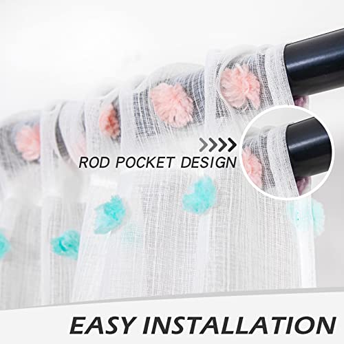 MYSKY HOME Rainbow Pom Pom Sheer Curtains for Small Windows 45 Inch Pack-2 - color: Rainbow Pom Pom, size: 50"W x 45"L (Pack of 2)