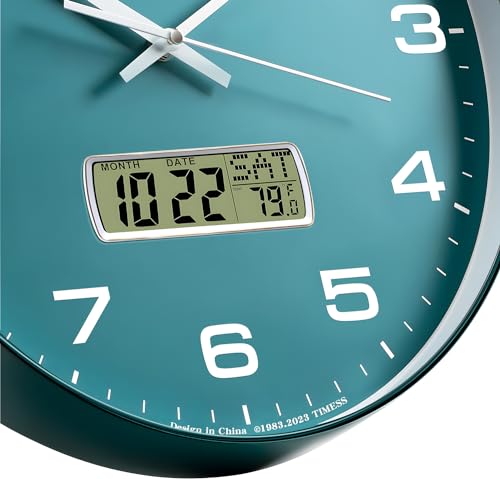 TIMESS Wall Clock, 13" Dial Non-Ticking Silent Battery Operated Analog with LCD Display for Perpetual Calendar and F° Temperature, Ideal Modern Home, Office Decor (Green) - color: Green, size: 13 Inch