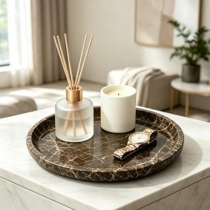 Marble Vanity Tray, Natural Hand Polished Round Serving Tray - color: Brown