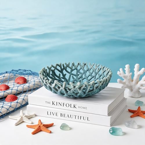 10-Inch Blue Resin Coral Bowl, Handcrafted Hollow Carved Coastal Art Decor - color: Blue
