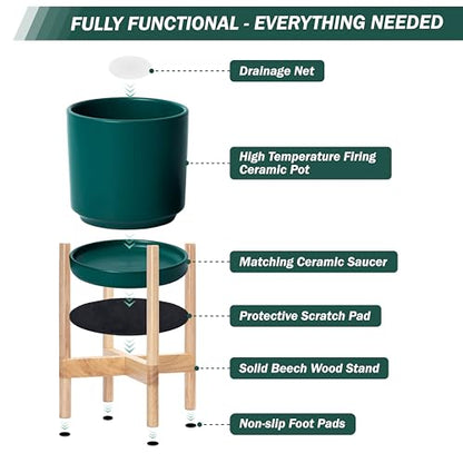 D'vine Dev Ceramic Pot with Natural Wood Stand, Teal, 8 in, 55-B-N-4 - color: Teal Pot + Natural Stand, size: 8 Inch